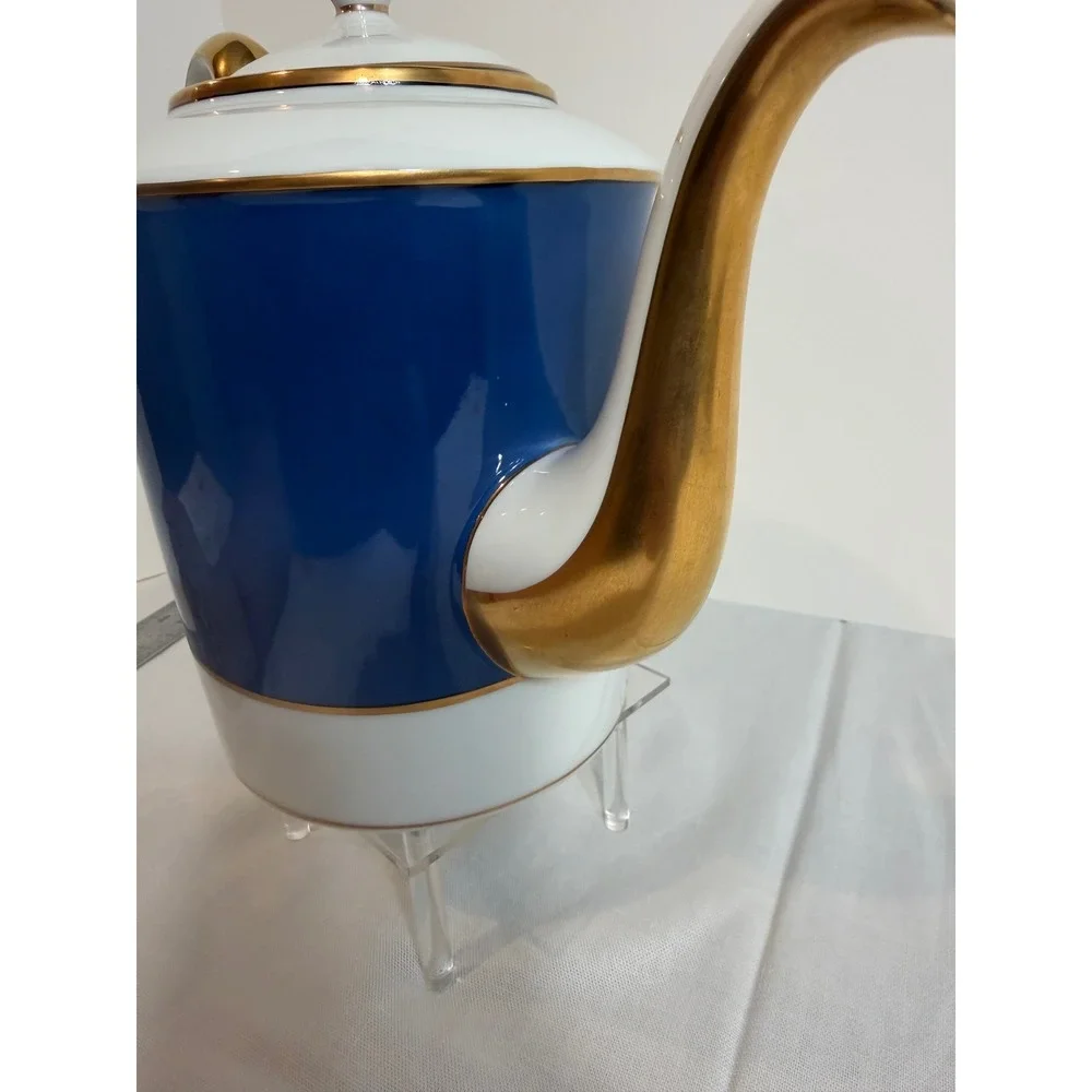 Fitz and Floyd Renaissance Blue Gold Trim Coffee Pot Porcelain Japan 1978 VTG